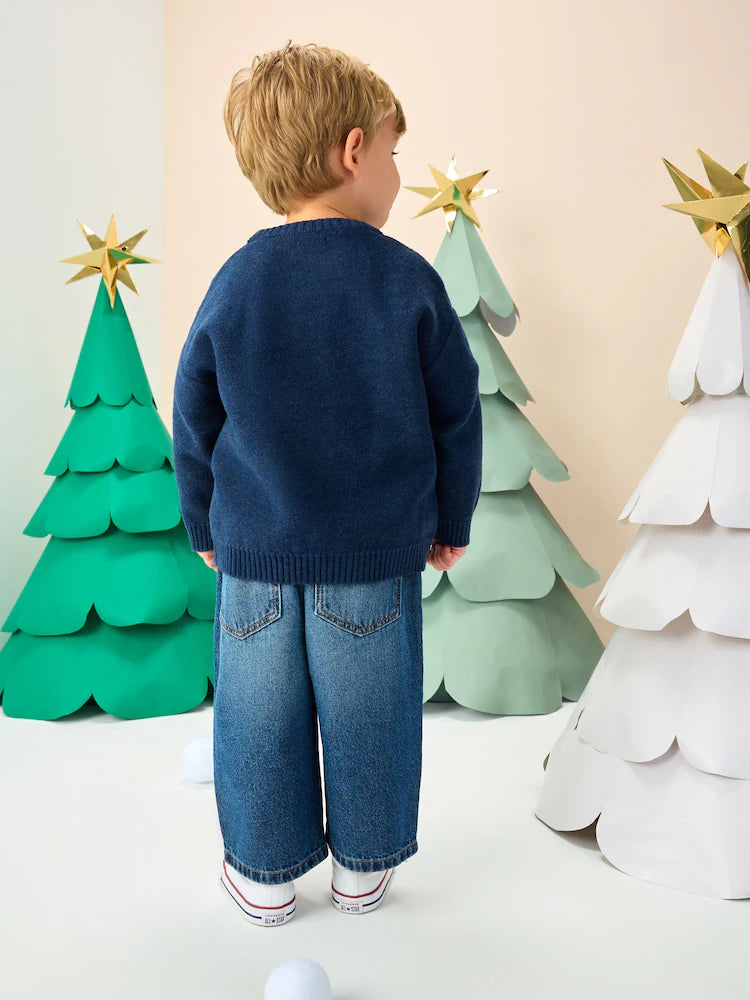 |Boy| Suéter De Natal Em Tricô Azul Marinho (3 meses a 7 anos)