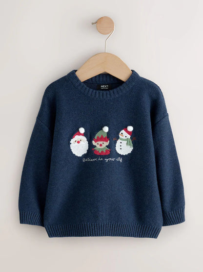 |Boy| Suéter De Natal Em Tricô Azul Marinho (3 meses a 7 anos)