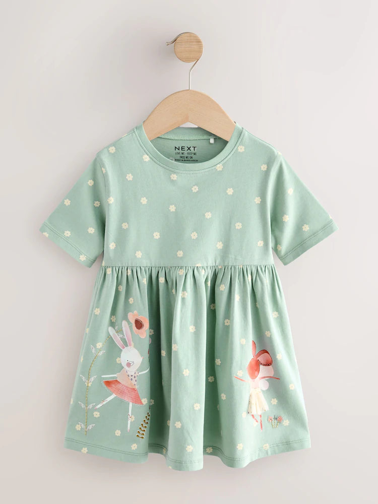 |Girl| Vestido De Verão De Malha De Manga Curta Azul Coelho (3 meses a 7 anos)