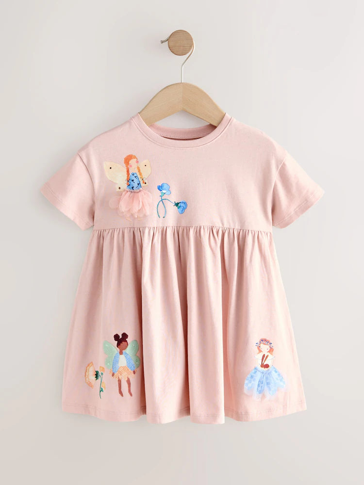|Girl| Vestido De Verão Em Jersey De Manga Curta Rosa Fada (3 meses a 7 anos)