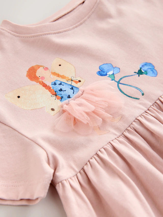 |Girl| Vestido De Verão Em Jersey De Manga Curta Rosa Fada (3 meses a 7 anos)