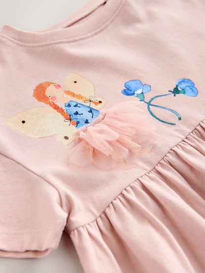 |Girl| Vestido De Verão Em Jersey De Manga Curta Rosa Fada (3 meses a 7 anos)