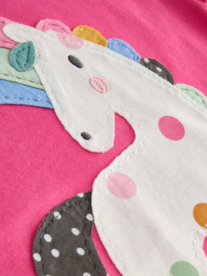 |Girl| Camiseta De Manga Curta Unicórnio Rosa (3 meses a 7 anos)