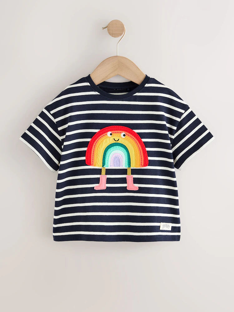 |Girl| Camiseta De Manga Curta Listrada Azul Marinho Com Arco-Iris (3 meses a 7 anos)
