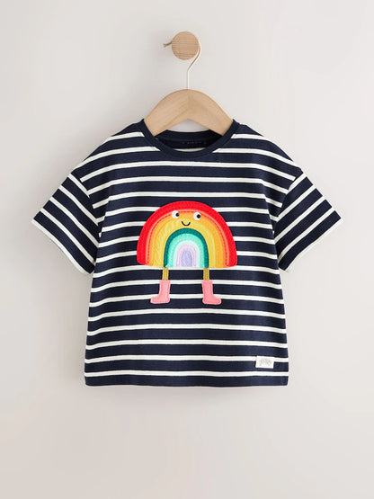 |Girl| Camiseta De Manga Curta Listrada Azul Marinho Com Arco-Iris (3 meses a 7 anos)