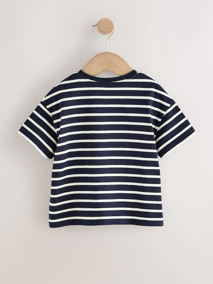 |Girl| Camiseta De Manga Curta Listrada Azul Marinho Com Arco-Iris (3 meses a 7 anos)