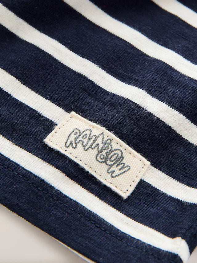 |Girl| Camiseta De Manga Curta Listrada Azul Marinho Com Arco-Iris (3 meses a 7 anos)