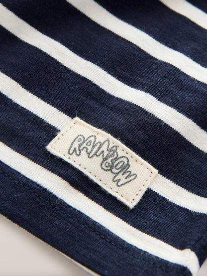 |Girl| Camiseta De Manga Curta Listrada Azul Marinho Com Arco-Iris (3 meses a 7 anos)