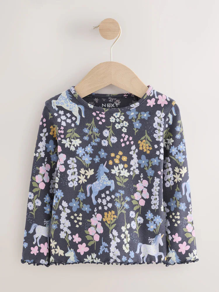 |Girl| Camiseta Canelada De Manga Comprida Com Estampa Floral De Unicórnio Azul Marinho (3 meses a 7 anos)