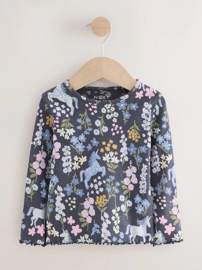|Girl| Camiseta Canelada De Manga Comprida Com Estampa Floral De Unicórnio Azul Marinho (3 meses a 7 anos)