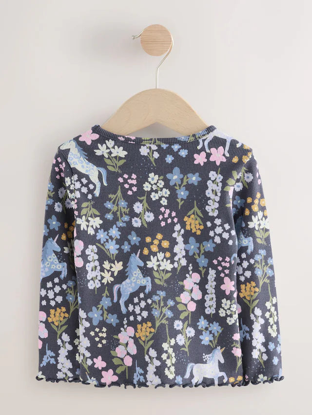 |Girl| Camiseta Canelada De Manga Comprida Com Estampa Floral De Unicórnio Azul Marinho (3 meses a 7 anos)