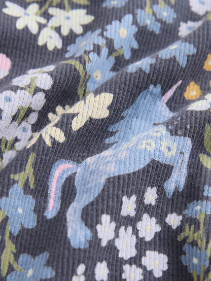 |Girl| Camiseta Canelada De Manga Comprida Com Estampa Floral De Unicórnio Azul Marinho (3 meses a 7 anos)