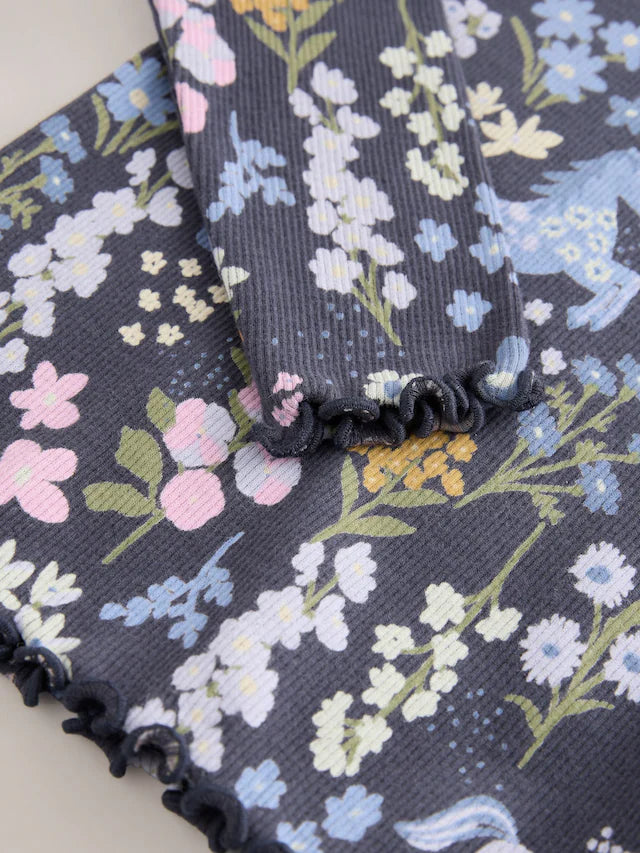 |Girl| Camiseta Canelada De Manga Comprida Com Estampa Floral De Unicórnio Azul Marinho (3 meses a 7 anos)