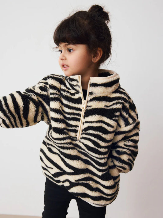 |Girl| Fleece Com Estampa De Zebra Preta e Branca e Zíper Médio (3 meses a 7 anos)