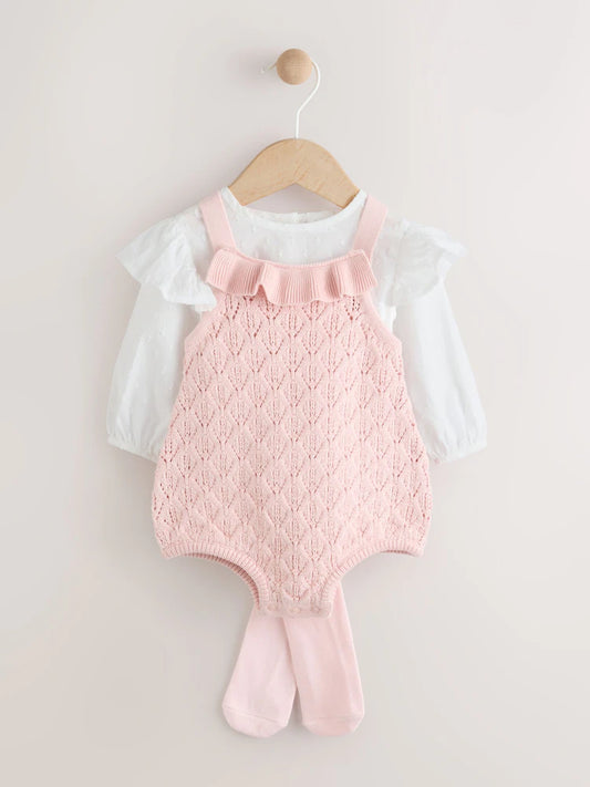 |BabyGirl| Macacão e Calça De Tricô Rosa/Branco Para Bebê Com Meia-Calça, Conjunto De 3 peças (0 meses a 2 anos)