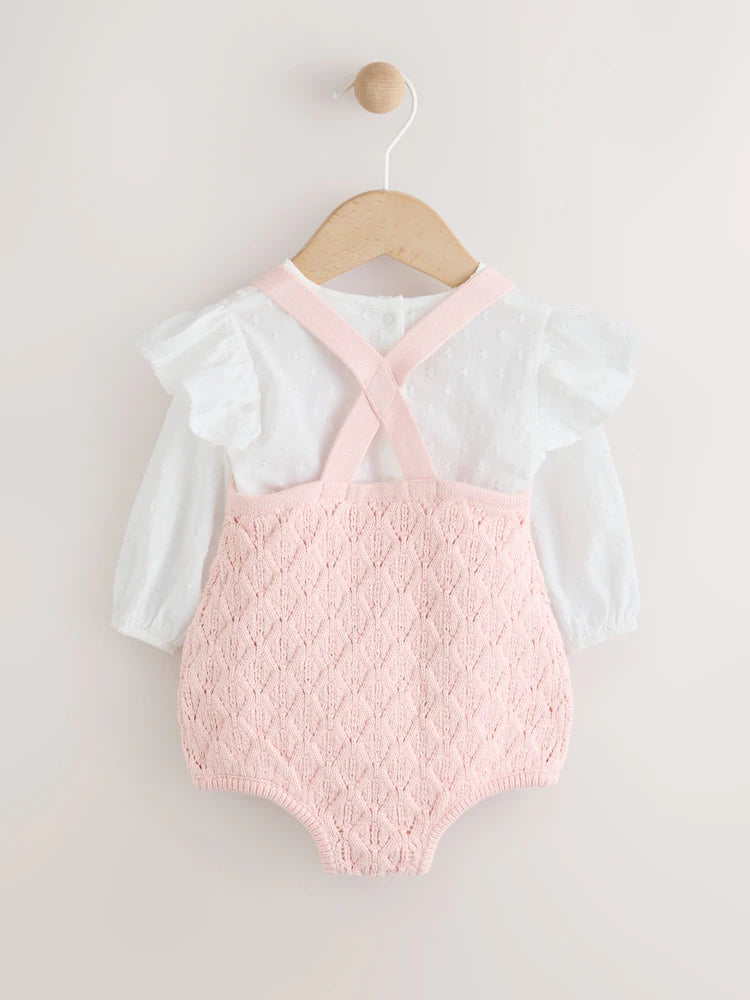 |BabyGirl| Macacão e Calça De Tricô Rosa/Branco Para Bebê Com Meia-Calça, Conjunto De 3 peças (0 meses a 2 anos)