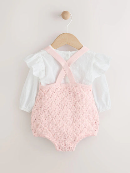 |BabyGirl| Macacão e Calça De Tricô Rosa/Branco Para Bebê Com Meia-Calça, Conjunto De 3 peças (0 meses a 2 anos)
