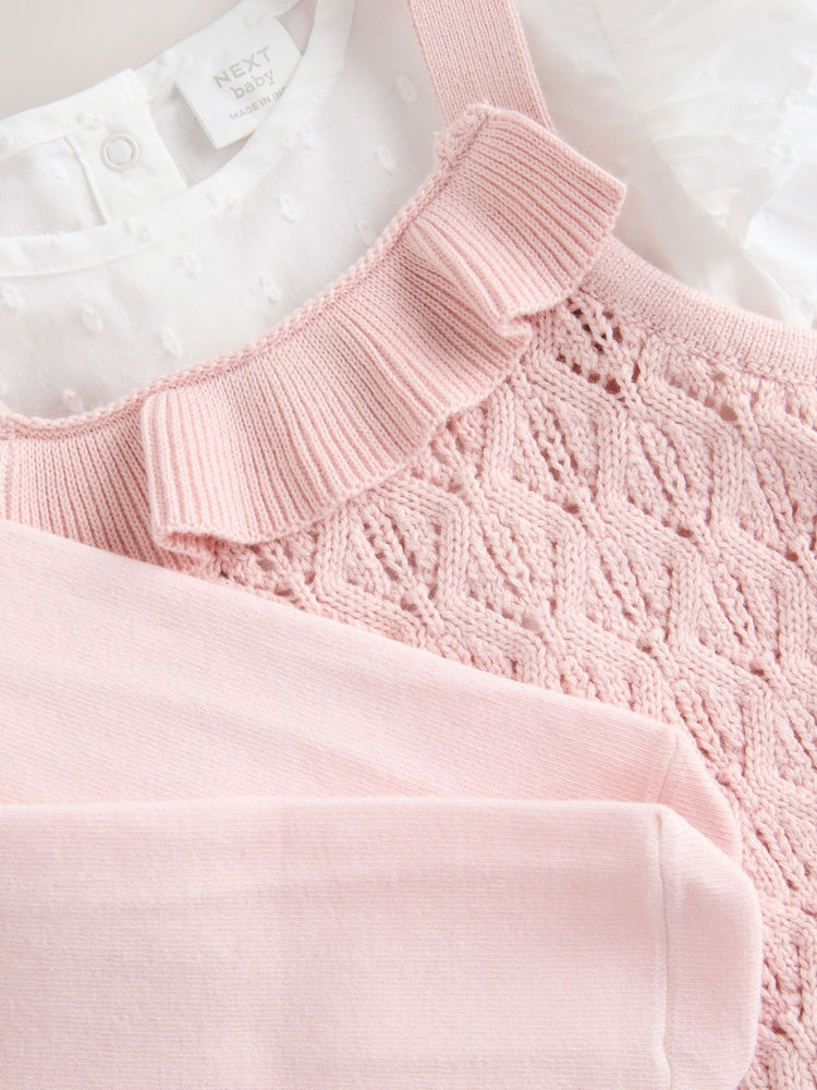 |BabyGirl| Macacão e Calça De Tricô Rosa/Branco Para Bebê Com Meia-Calça, Conjunto De 3 peças (0 meses a 2 anos)