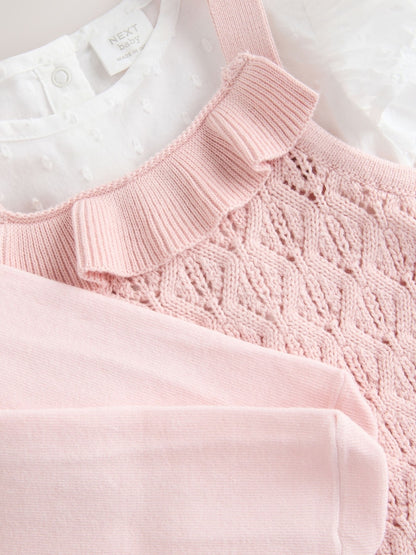 |BabyGirl| Macacão e Calça De Tricô Rosa/Branco Para Bebê Com Meia-Calça, Conjunto De 3 peças (0 meses a 2 anos)