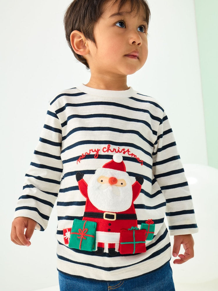 |Boy| Camiseta De Manga Comprida Branca/Azul Com Aplique De Papai Noel (3 meses a 7 anos)