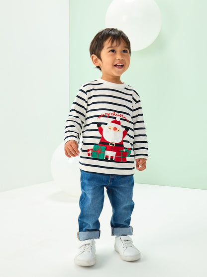 |Boy| Camiseta De Manga Comprida Branca/Azul Com Aplique De Papai Noel (3 meses a 7 anos)