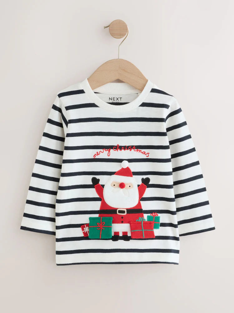 |Boy| Camiseta De Manga Comprida Branca/Azul Com Aplique De Papai Noel (3 meses a 7 anos)