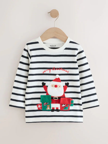 |Boy| Camiseta De Manga Comprida Branca/Azul Com Aplique De Papai Noel (3 meses a 7 anos)