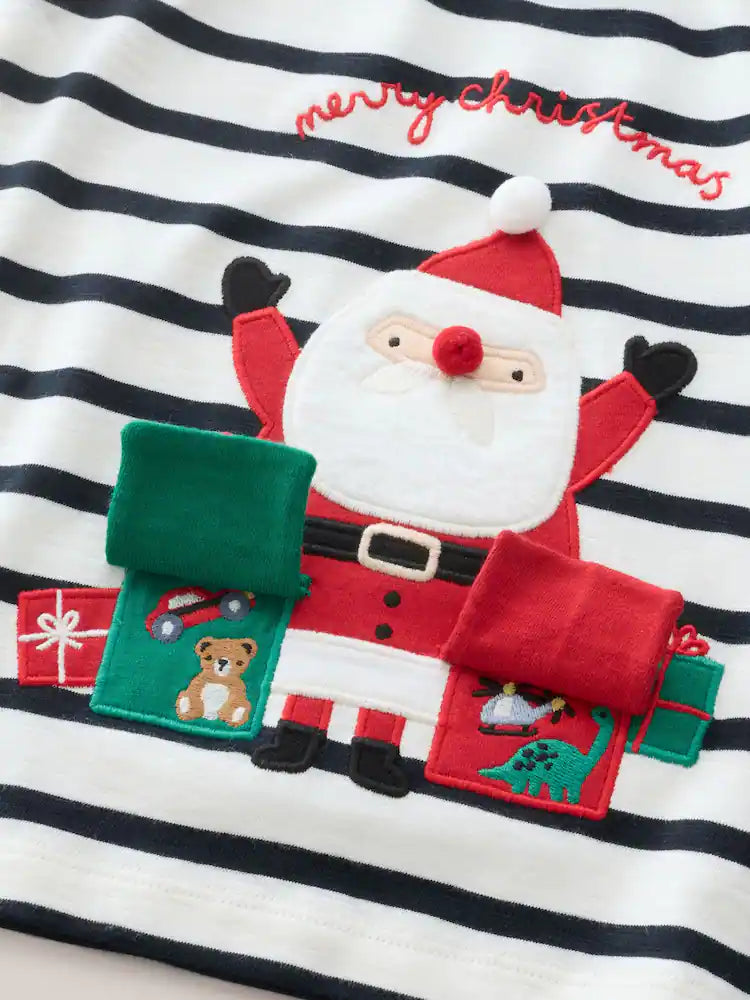 |Boy| Camiseta De Manga Comprida Branca/Azul Com Aplique De Papai Noel (3 meses a 7 anos)