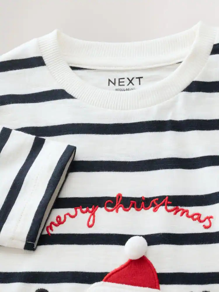 |Boy| Camiseta De Manga Comprida Branca/Azul Com Aplique De Papai Noel (3 meses a 7 anos)