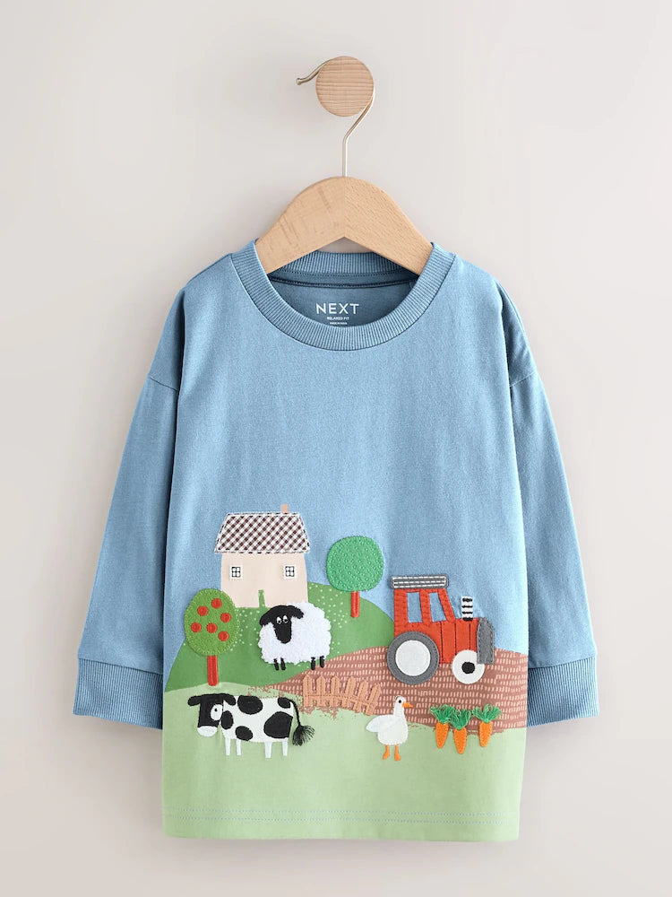 |Boy| Camiseta Com Apliques De Manga Comprida e Estampa De Fazenda Verde (3 meses a 7 anos)