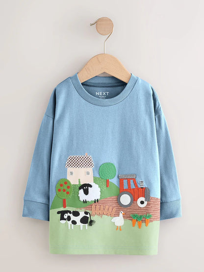 |Boy| Camiseta Com Apliques De Manga Comprida e Estampa De Fazenda Verde (3 meses a 7 anos)