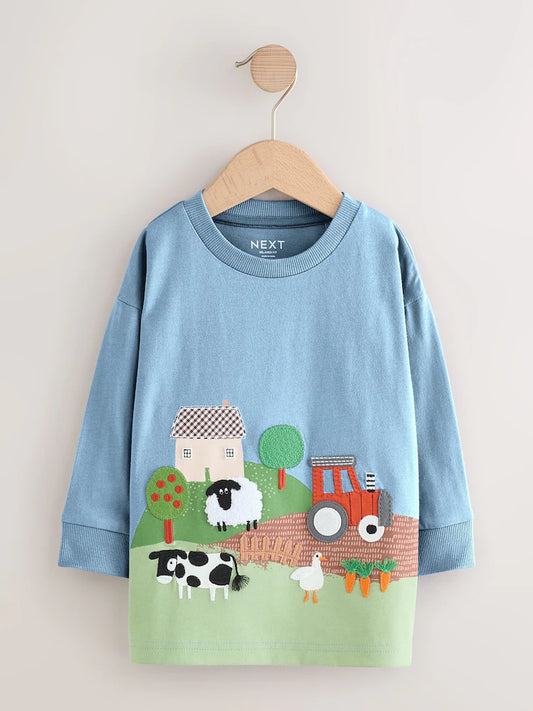 |Boy| Camiseta Com Apliques De Manga Comprida e Estampa De Fazenda Verde (3 meses a 7 anos)