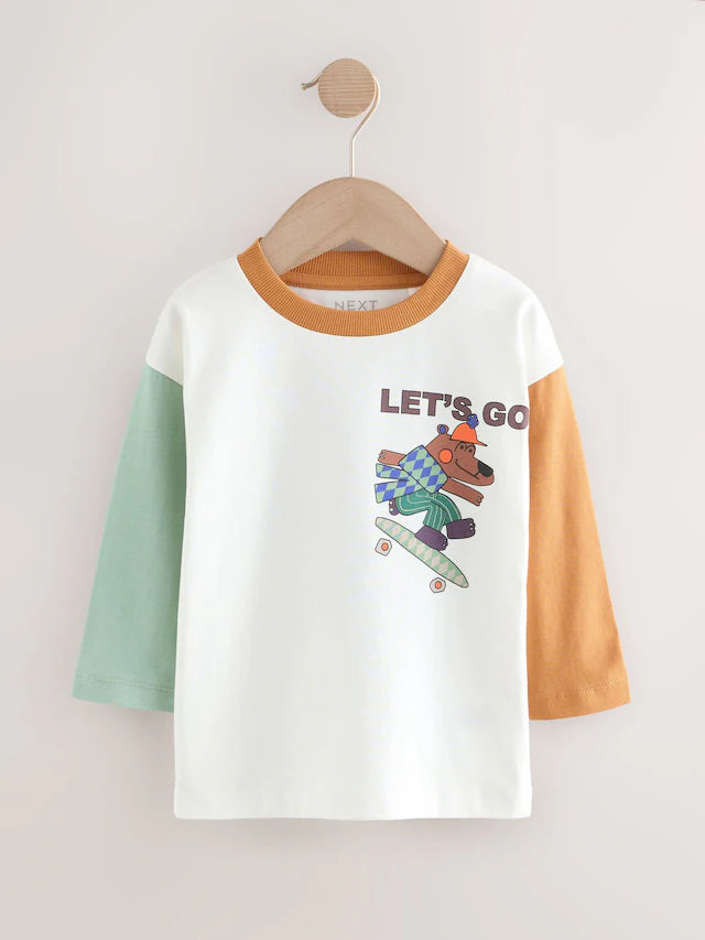 |Boy| Camiseta Branca Com Estampa De Manga Comprida e Costas Do Skate Bear (3 meses a 7 anos)