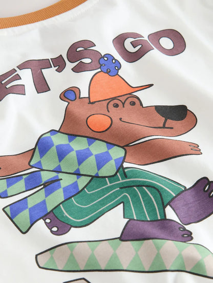 |Boy| Camiseta Branca Com Estampa De Manga Comprida e Costas Do Skate Bear (3 meses a 7 anos)