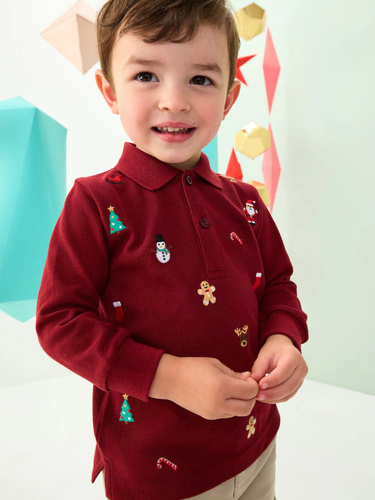 |Boy| Camisa Polo De Manga Comprida Bordada Em Vermelho-Baga Com Estampa De Natal (3 meses a 7 anos)