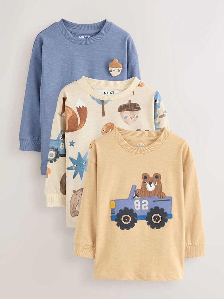 |Boy| Camisetas De Manga Comprida Com Apliques Blue Woodland, Pacote Com 3 (3 meses a 7 anos)