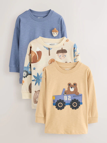 |Boy| Camisetas De Manga Comprida Com Apliques Blue Woodland, Pacote Com 3 (3 meses a 7 anos)