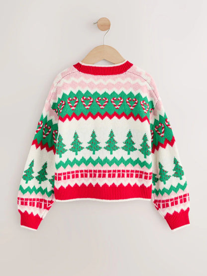 |BigGirl| Cardigan Vermelho De árvore de Natal (3-16 anos)