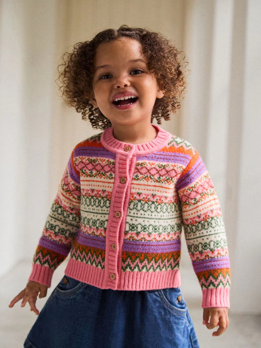 |Girl| Cardigan Rosa Com Estampa Fairisle (3 meses a 7 anos)