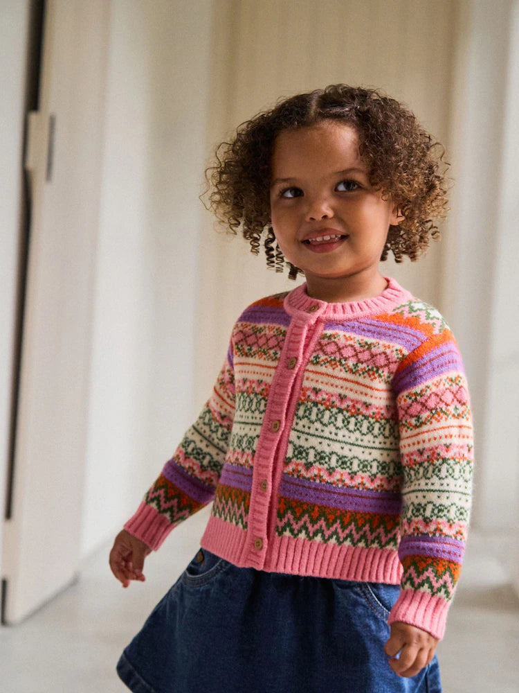 |Girl| Cardigan Rosa Com Estampa Fairisle (3 meses a 7 anos)