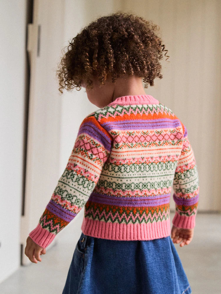 |Girl| Cardigan Rosa Com Estampa Fairisle (3 meses a 7 anos)