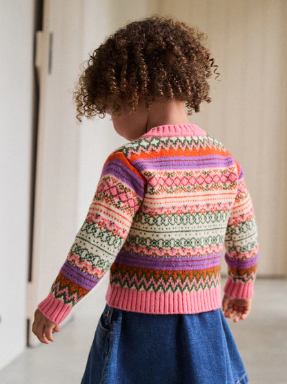 |Girl| Cardigan Rosa Com Estampa Fairisle (3 meses a 7 anos)