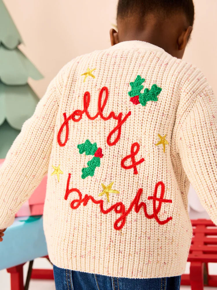 |Girl| Cardigan de Natal Ecru Holly Jolly (3 meses a 10 anos)