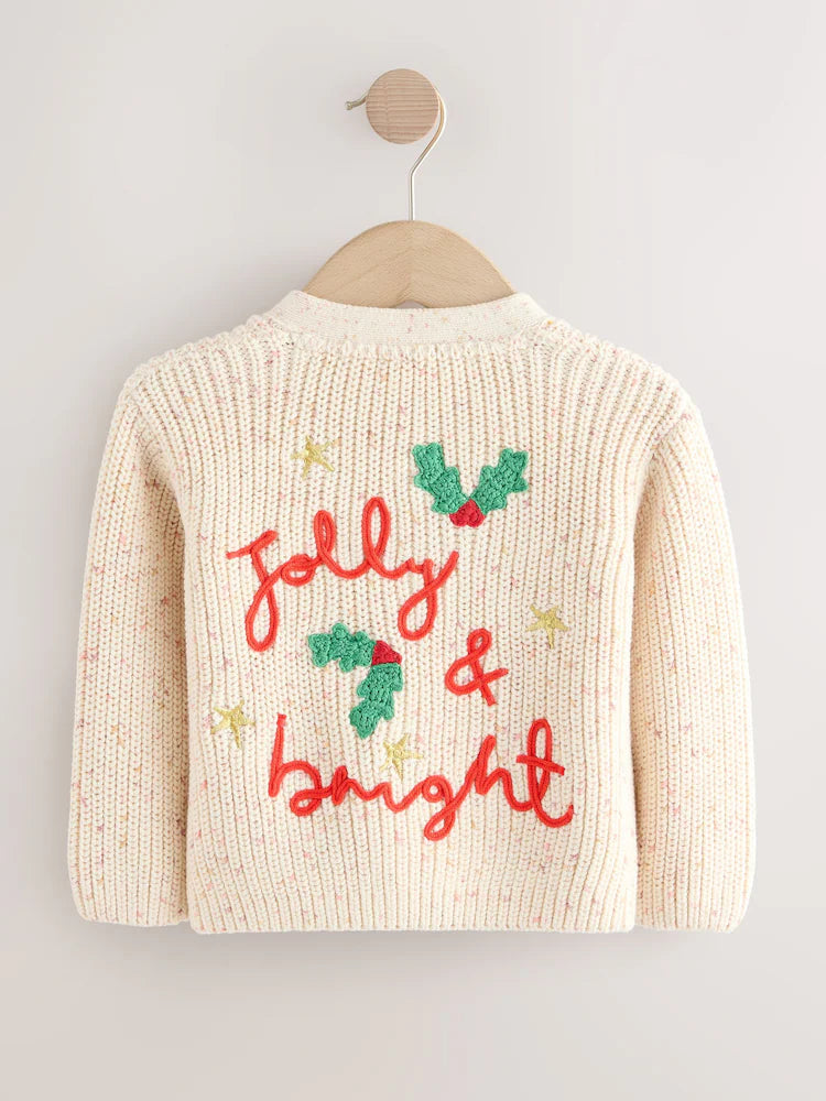 |Girl| Cardigan de Natal Ecru Holly Jolly (3 meses a 10 anos)