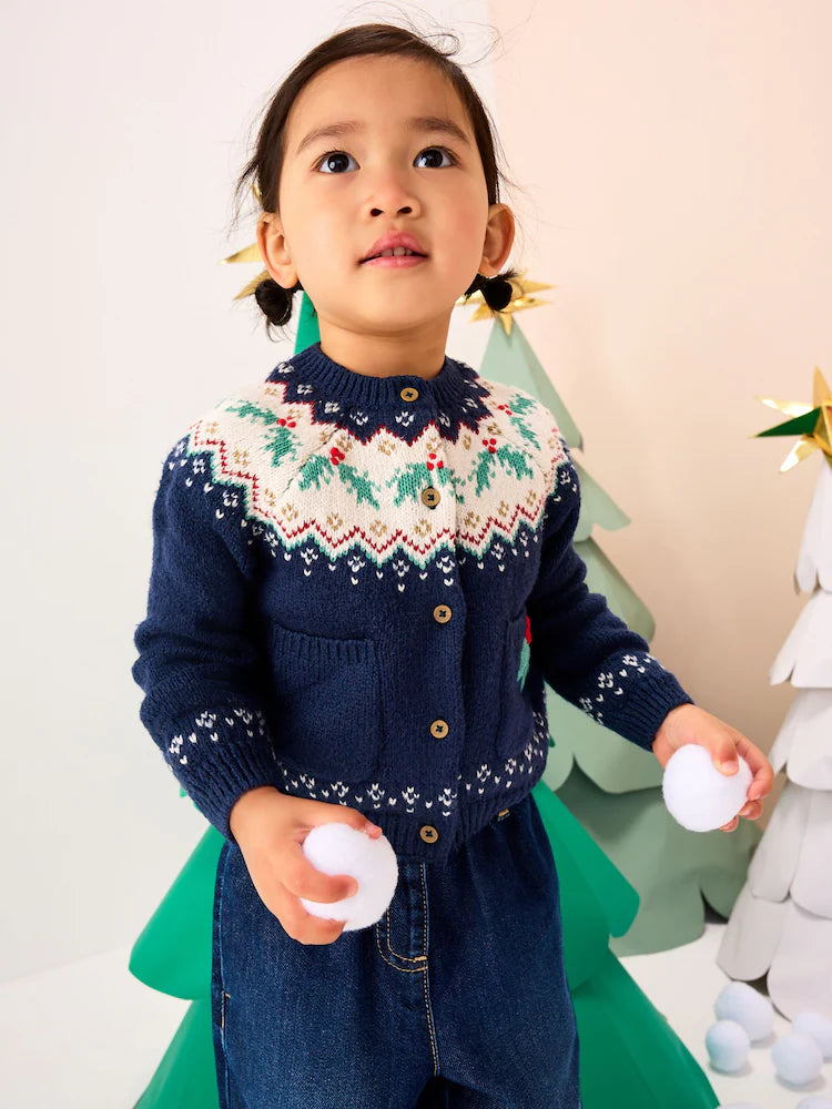 |Girl| Cardigan Azul Marinho Com Estampa De Azevinho e Natal (3 meses a 7 anos)