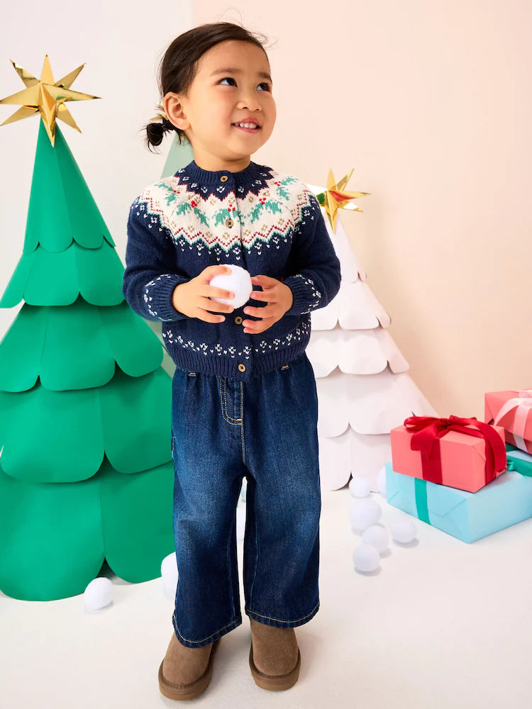 |Girl| Cardigan Azul Marinho Com Estampa De Azevinho e Natal (3 meses a 7 anos)