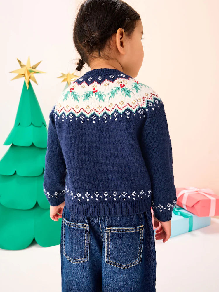 |Girl| Cardigan Azul Marinho Com Estampa De Azevinho e Natal (3 meses a 7 anos)