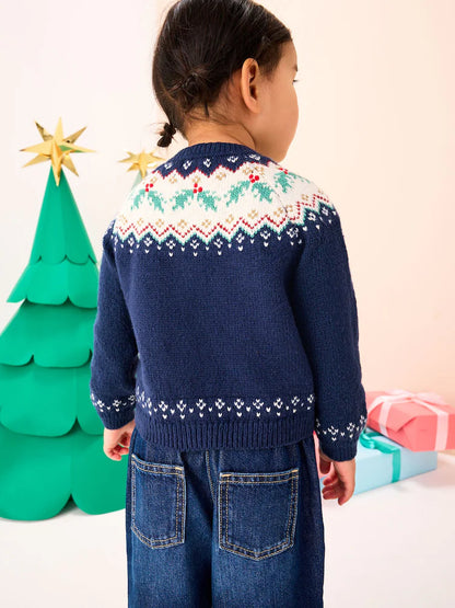 |Girl| Cardigan Azul Marinho Com Estampa De Azevinho e Natal (3 meses a 7 anos)