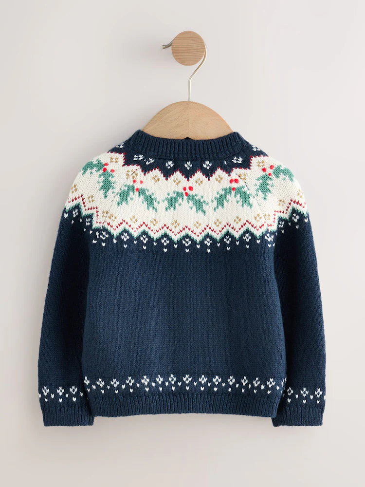 |Girl| Cardigan Azul Marinho Com Estampa De Azevinho e Natal (3 meses a 7 anos)