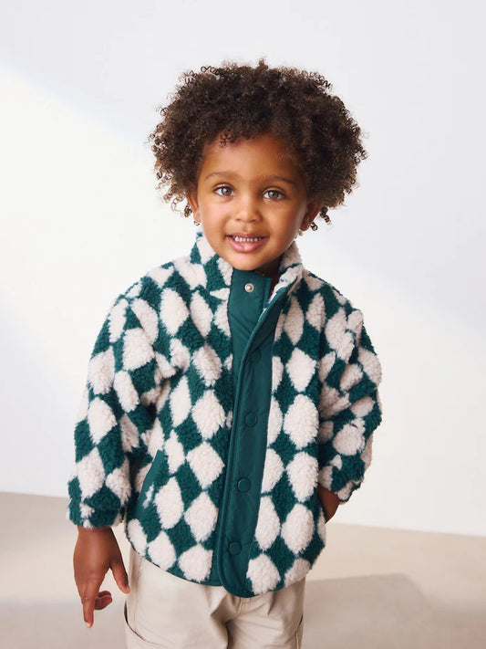 |Boy| Fleece Com Zíper e Estampa Arlequim Verde/Branco (3 meses a 7 anos)